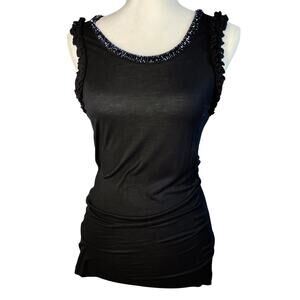 Kenar, Size Medium, Black Beaded Ruffle Trim Sleeveless Top, Super Soft, Flaw